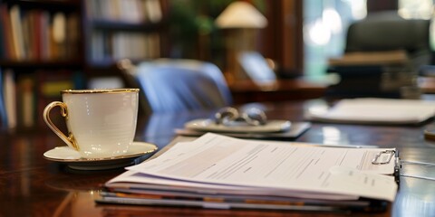 business brochure on mahogany desk, busy office.