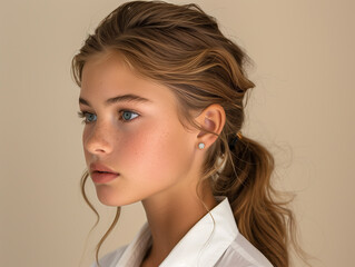 jewelry lookbook, side profile caucasian model with long ponytail, her shoulders are relaxed, her ears are adorned with eye-catching earrings, cream background.