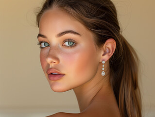 jewelry lookbook, side profile caucasian model with long ponytail, her shoulders are relaxed, her ears are adorned with eye-catching earrings, cream background.