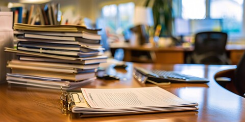 business brochure on mahogany desk, busy office.