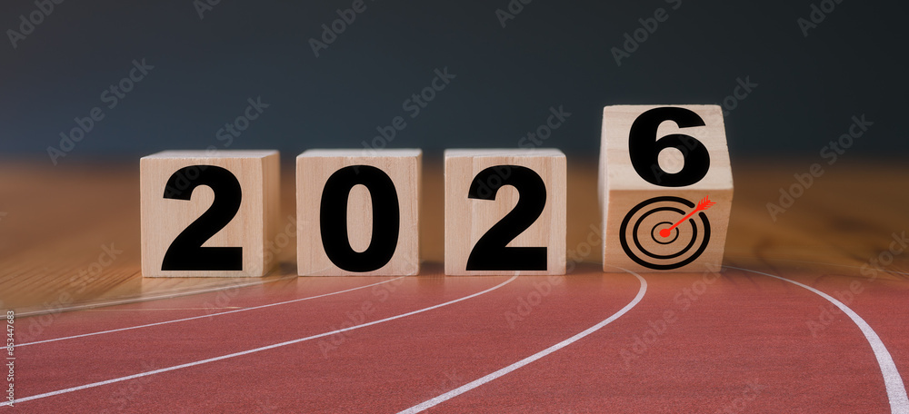 Poster multi exposure of running track and wooden cube 2026 target board new year in concept of action busi