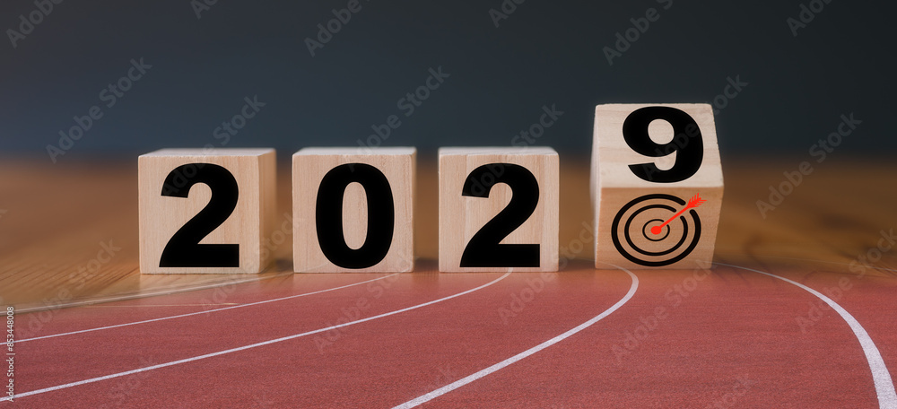 Poster multi exposure of running track and wooden cube 2029 target board new year in concept of action busi