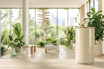 a lifestyle stock photography of Eco-friendly paint can with natural color pigments and organic certification; sleek, modern design. Interior room with large windows, green plants, natural wood