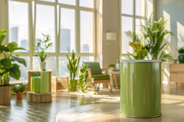 a lifestyle stock photography of Eco-friendly paint can with natural color pigments and organic certification; sleek, modern design. Interior room with large windows, green plants, natural wood