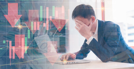 Stock Market Recession and Losses ,Businessman analysing trading downtrend line graph in bear market