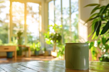 a lifestyle stock photography of Eco-friendly paint can with natural color pigments and organic certification; sleek, modern design. Interior room with large windows, green plants, natural wood