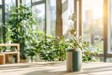 a lifestyle stock photography of Eco-friendly paint can with natural color pigments and organic certification; sleek, modern design. Interior room with large windows, green plants, natural wood