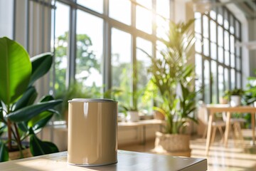 a lifestyle stock photography of Eco-friendly paint can with natural color pigments and organic certification; sleek, modern design. Interior room with large windows, green plants, natural wood