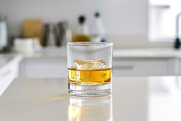 a lifestyle stock photography of A glass of alcohol represented by a transparent glass filled with a golden liquid. Clean, minimalistic kitchen counter. Straight-on shot, medium distance. Soft,