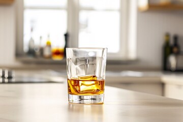 a lifestyle stock photography of A glass of alcohol represented by a transparent glass filled with a golden liquid. Clean, minimalistic kitchen counter. Straight-on shot, medium distance. Soft,