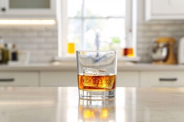 a lifestyle stock photography of A glass of alcohol represented by a transparent glass filled with a golden liquid. Clean, minimalistic kitchen counter. Straight-on shot, medium distance. Soft,