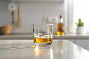 a lifestyle stock photography of A glass of alcohol represented by a transparent glass filled with a golden liquid. Clean, minimalistic kitchen counter. Straight-on shot, medium distance. Soft,