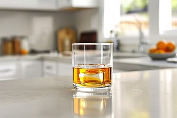 a lifestyle stock photography of A glass of alcohol represented by a transparent glass filled with a golden liquid. Clean, minimalistic kitchen counter. Straight-on shot, medium distance. Soft,