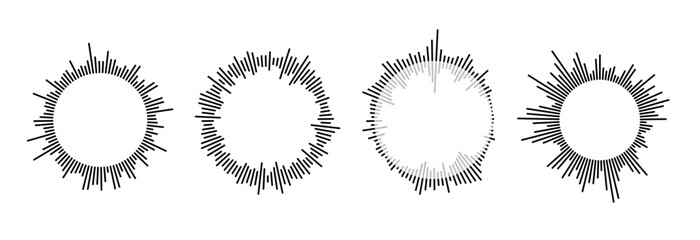 Radial sound wave pattern collection. Circular audio, music or voice icon set. Round wavy equalizer spectrum symbol pack. Black circle sunburst bundle. Vector soundwave elements