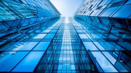 Modern Glass Skyscrapers Reflecting Blue Sky in Urban Business District