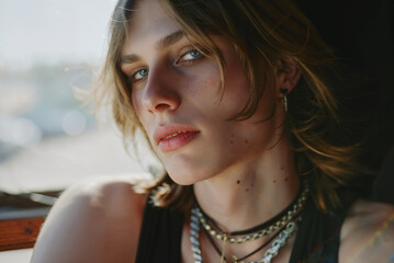 Close up portrait of a teenager, non binary, trans, transgender