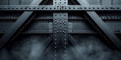 Iron structures made of dark metal with industrial rivets in a haze
