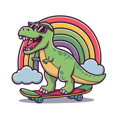 Scateboarding cute t-rex with sunglasses behind the rainbow