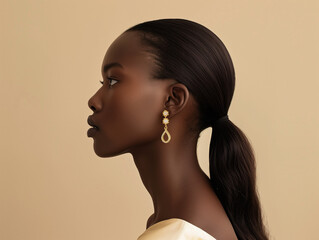 Jewelry lookbook, side profile black woman model with long natural ponytail, her shoulders are relaxed and her ears are adorned with eye-catching diamond earrings, neutral beige background.