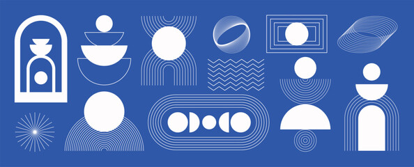 Hand drawn abstract minimal element mid century vector set. Aesthetic contemporary stripe line art, geometric shape in monochrome, black and white. Art form design for wall art, decoration, wallpaper.