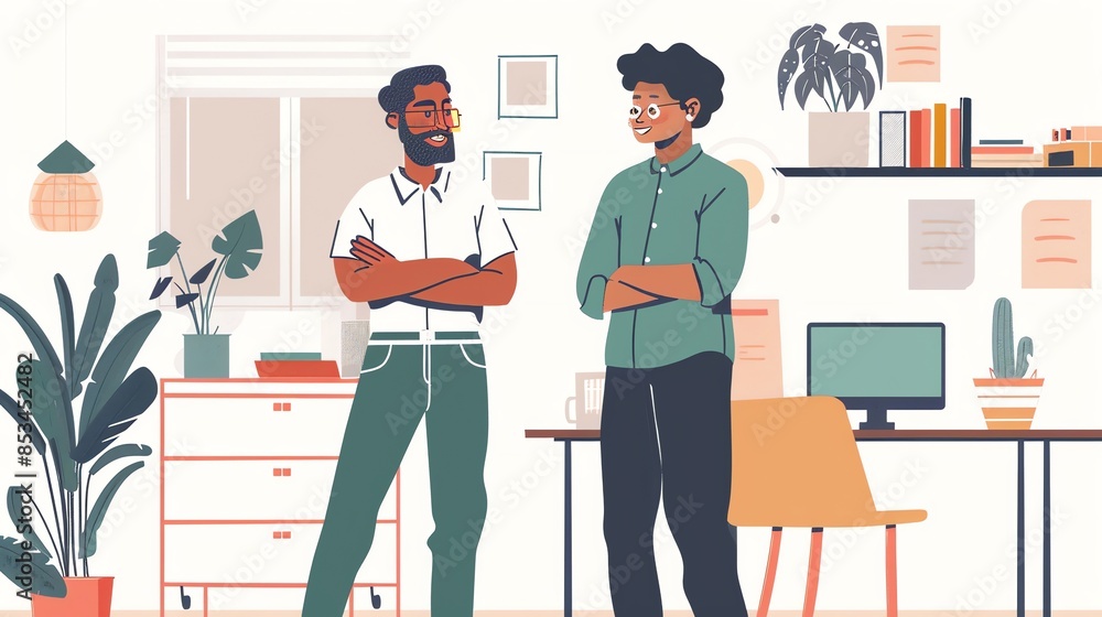 Poster two business professionals having a conversation in an office. they are both smiling and appear to b