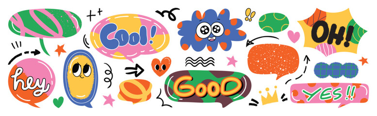 Set of doodle and speech bubble vector. Collection of contemporary figure, speech bubble with text, arrow in funky groovy style. Chat design element perfect for banner, print, sticker.