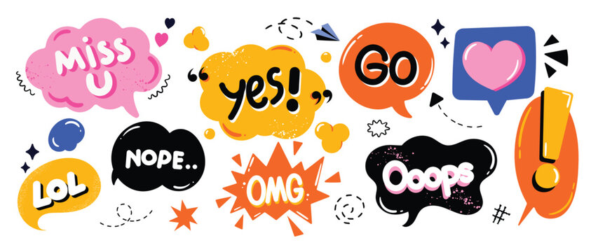 Set of doodle and speech bubble vector. Collection of contemporary figure, speech bubble with text, arrow in funky groovy style. Chat design element perfect for banner, print, sticker.