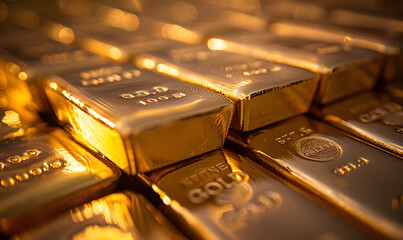 Close-up of gold bars with intricate engravings, reflecting ambient light, symbolizing luxury and stability