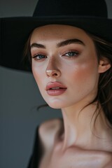 Classic beauty portrait with a modern twist, featuring a woman in a sleek black hat. Flawless makeup focuses on a radiant complexion, subtle eye makeup, and soft, pink lips.