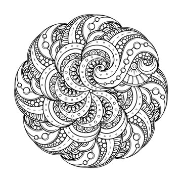 Delicate and detailed black and white mandala design with intricate patterns, swirls and geometric elements for antistress coloring pages