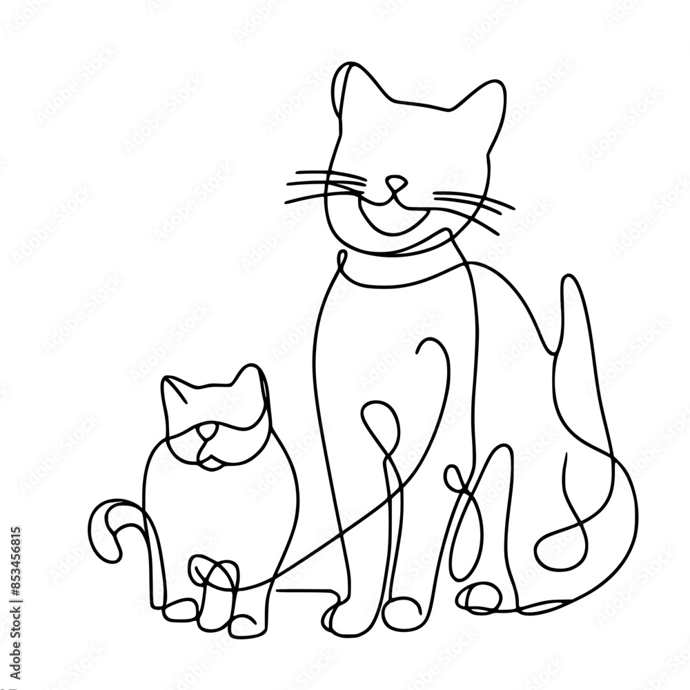Poster simple drawing in doodle style of a sitting cat with a kitten, looking into the distance, vector dra