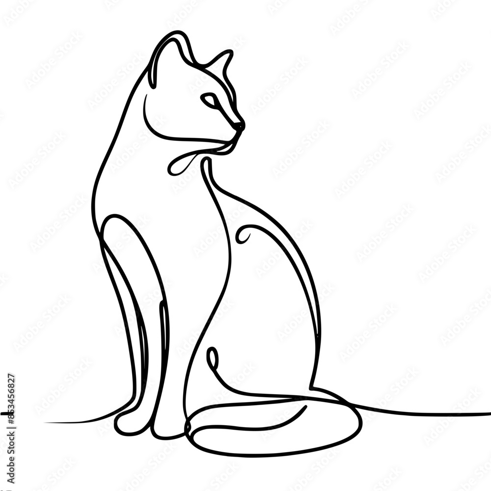 Poster minimalistic outline of a cat sitting made with one continuous line, vector silhouette in black line