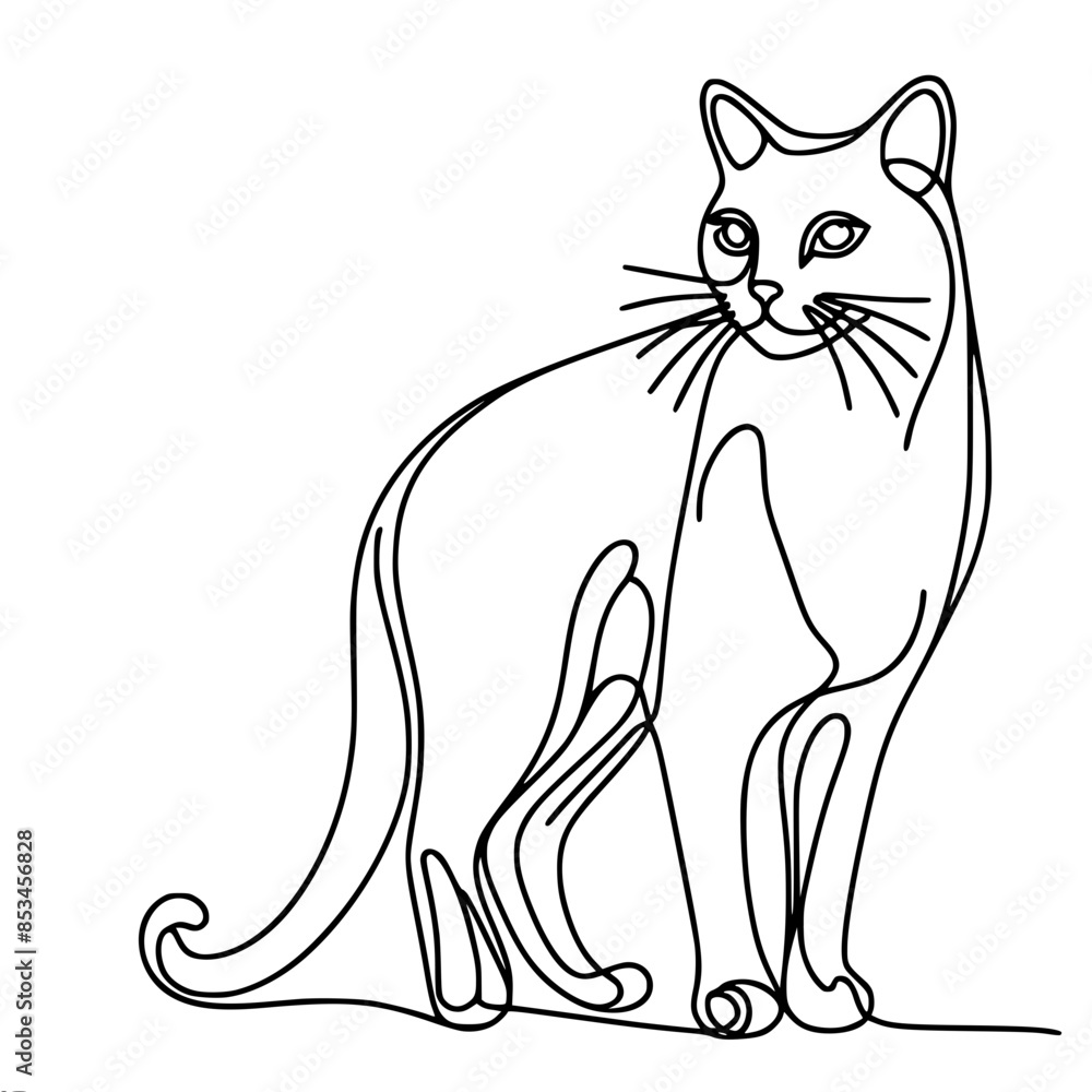 Poster a simple drawing of a cat with an expressive mustache and a hanging tail, the silhouette is made wit