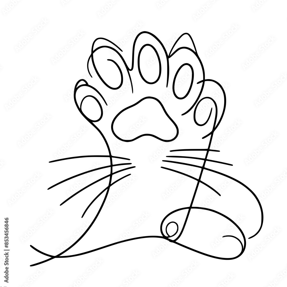 Poster a simple drawing of a cat's paw with distinct pads and whiskers, evoking a playful or cute theme, ve
