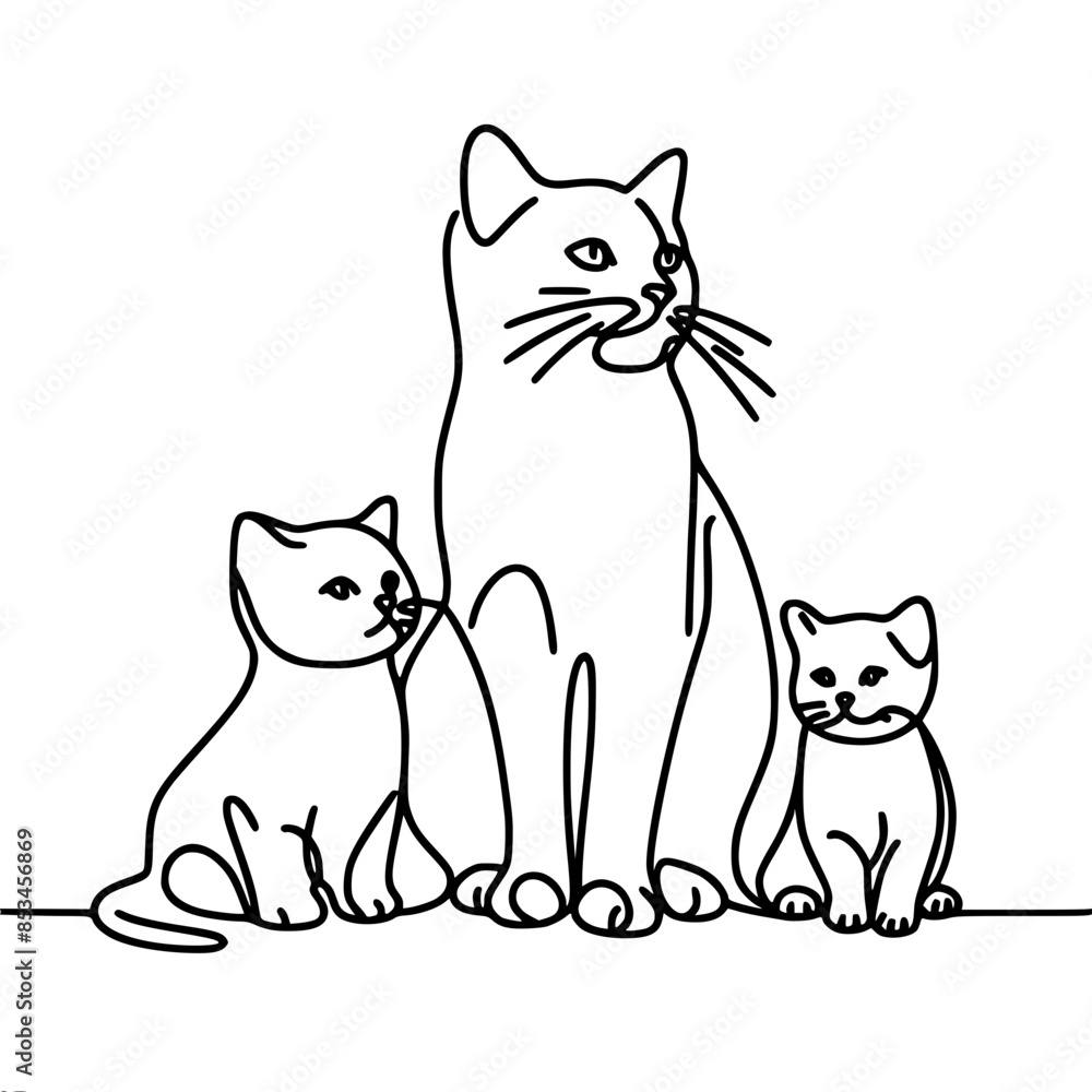 Poster simple drawing of a sitting cat with kittens, looking into the distance, vector drawing with one con