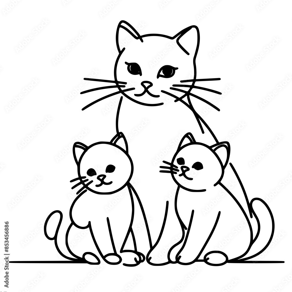 Poster simple drawing of a sitting cat with kittens, vector drawing with one continuous black line
