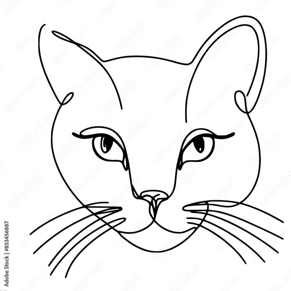 Poster simple drawing of a cat's face with distinct, stylized features, vector single line drawing