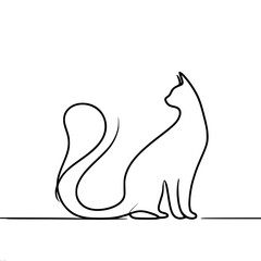 Obraz premium A minimalist outline of a sitting cat, with a gracefully curled tail, looking back, the silhouette is made with one vector continuous line