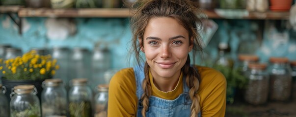 Fototapeta premium Content young woman with braided hair smiling inside a homely cafe, surrounded by plants and jars, reflecting warmth