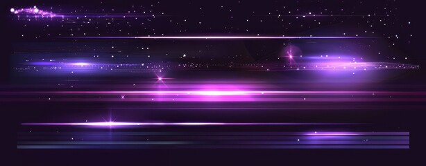 Obraz premium Abstract glowing purple light effect set with horizontal lines and stars on dark background