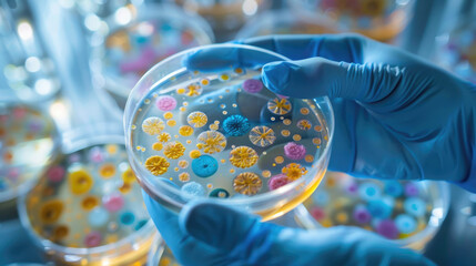 A scientist wearing blue gloves holding a petri dish with bacteria or virus samples
