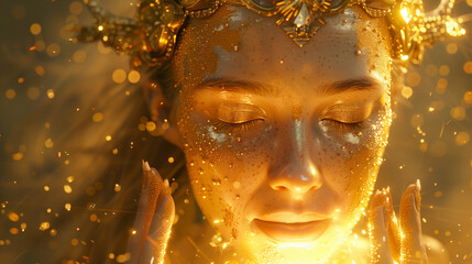 Close-up of a serene woman with golden makeup and crown, eyes closed, glowing in golden light