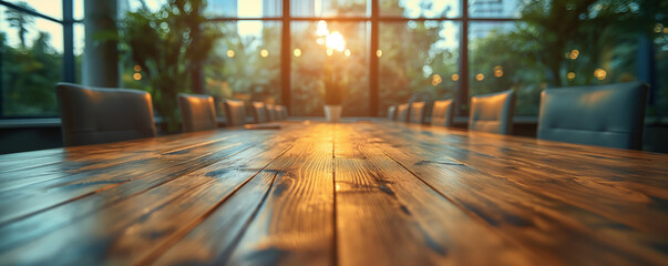 Long wooden conference table in an empty room with morning sunlight casting warm tones across the surface