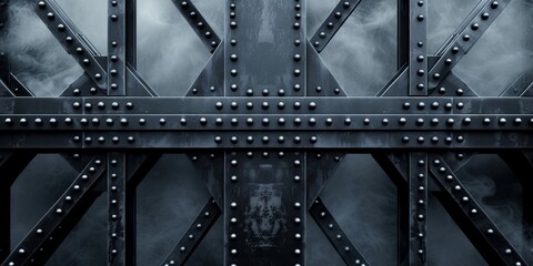 Iron structures made of dark metal with rivets in the haze