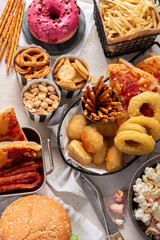 Assorted of american junk food assortment.