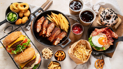Assorted of american junk food assortment.