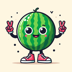 Watermelon groovy style cute cartoon character with face, arms and legs, vector illustration