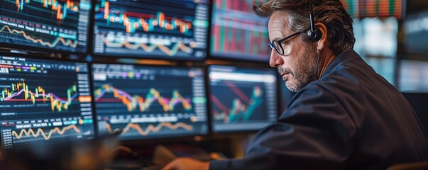 Fototapeta premium An individual sits in a trading workplace looking at various financial charts on multiple screens