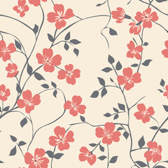 tonal red floral pattern vector on the cream yellow background