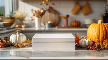 White gift box on a kitchen counter decorated with autumn pumpkins, leaves, and seasonal decor, highlighting a cozy fall ambiance.